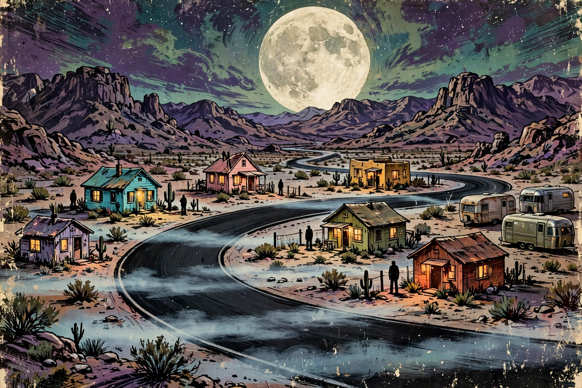 A foggy desert cul-de-sac at night: a loop road ringed by houses with lit windows, and a cluster of vintage trailers off to the right
